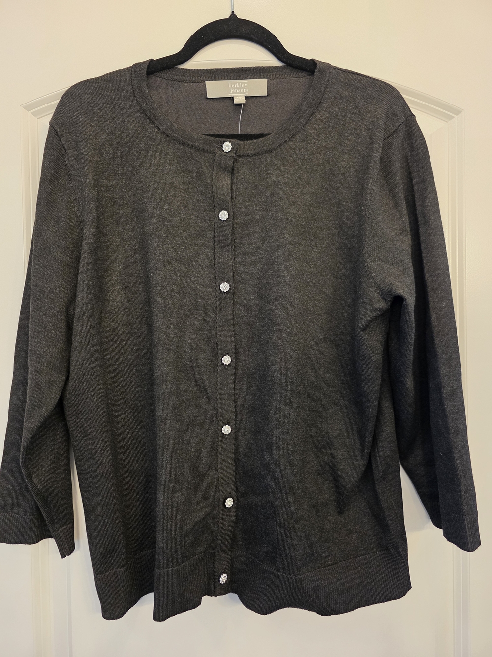 Classic Charcoal Crewneck Cardigan with Rhinestone Buttons
